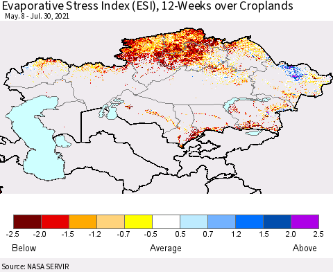 Kazakhstan Evaporative Stress Index (ESI), 12-Weeks over Croplands Thematic Map For 7/26/2021 - 8/1/2021