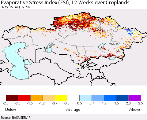 Kazakhstan Evaporative Stress Index (ESI), 12-Weeks over Croplands Thematic Map For 8/2/2021 - 8/8/2021