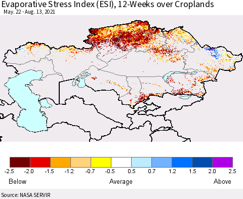 Kazakhstan Evaporative Stress Index (ESI), 12-Weeks over Croplands Thematic Map For 8/9/2021 - 8/15/2021