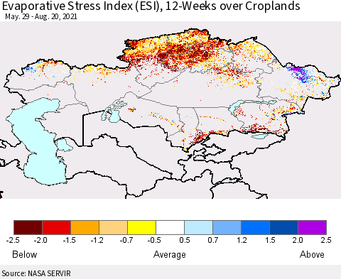 Kazakhstan Evaporative Stress Index (ESI), 12-Weeks over Croplands Thematic Map For 8/16/2021 - 8/22/2021