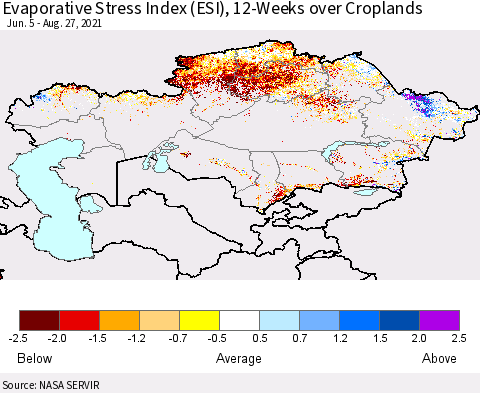 Kazakhstan Evaporative Stress Index (ESI), 12-Weeks over Croplands Thematic Map For 8/23/2021 - 8/29/2021