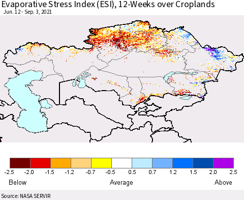 Kazakhstan Evaporative Stress Index (ESI), 12-Weeks over Croplands Thematic Map For 8/30/2021 - 9/5/2021