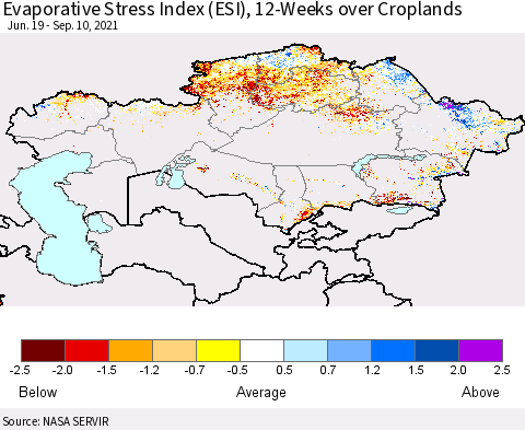 Kazakhstan Evaporative Stress Index (ESI), 12-Weeks over Croplands Thematic Map For 9/6/2021 - 9/12/2021