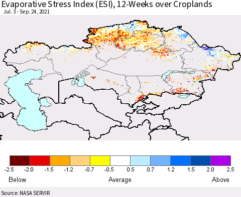 Kazakhstan Evaporative Stress Index (ESI), 12-Weeks over Croplands Thematic Map For 9/20/2021 - 9/26/2021
