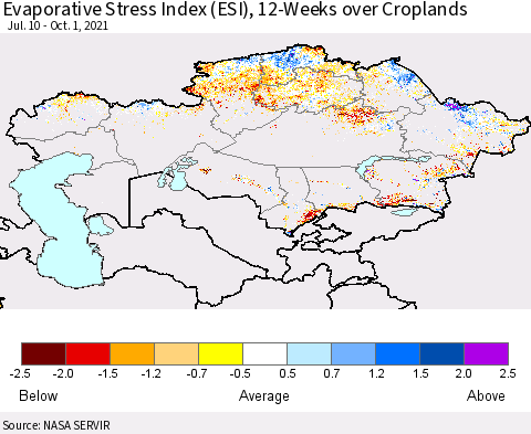 Kazakhstan Evaporative Stress Index (ESI), 12-Weeks over Croplands Thematic Map For 9/27/2021 - 10/3/2021