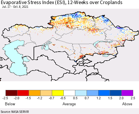 Kazakhstan Evaporative Stress Index (ESI), 12-Weeks over Croplands Thematic Map For 10/4/2021 - 10/10/2021
