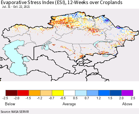 Kazakhstan Evaporative Stress Index (ESI), 12-Weeks over Croplands Thematic Map For 10/18/2021 - 10/24/2021