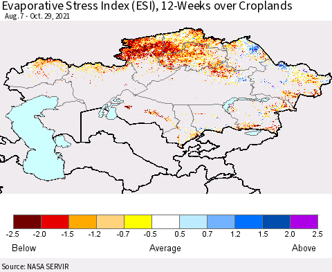 Kazakhstan Evaporative Stress Index (ESI), 12-Weeks over Croplands Thematic Map For 10/25/2021 - 10/31/2021