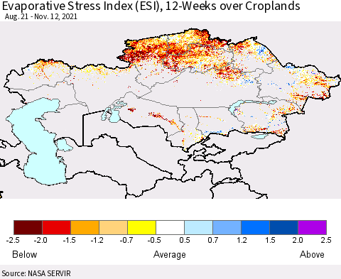 Kazakhstan Evaporative Stress Index (ESI), 12-Weeks over Croplands Thematic Map For 11/8/2021 - 11/14/2021