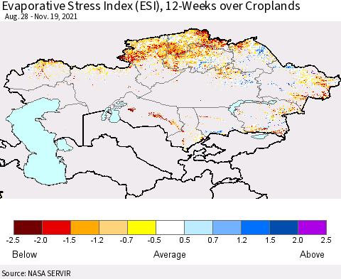 Kazakhstan Evaporative Stress Index (ESI), 12-Weeks over Croplands Thematic Map For 11/15/2021 - 11/21/2021