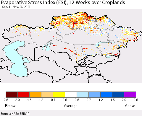 Kazakhstan Evaporative Stress Index (ESI), 12-Weeks over Croplands Thematic Map For 11/22/2021 - 11/28/2021