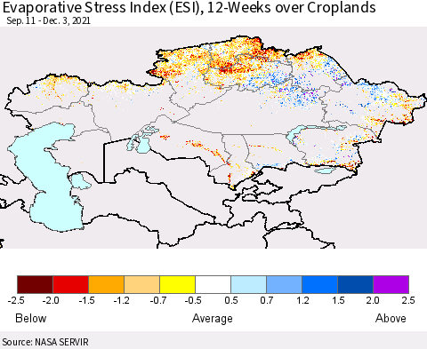Kazakhstan Evaporative Stress Index (ESI), 12-Weeks over Croplands Thematic Map For 11/29/2021 - 12/5/2021