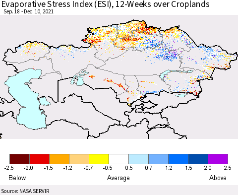 Kazakhstan Evaporative Stress Index (ESI), 12-Weeks over Croplands Thematic Map For 12/6/2021 - 12/12/2021