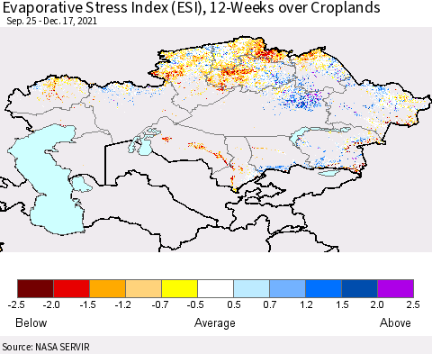 Kazakhstan Evaporative Stress Index (ESI), 12-Weeks over Croplands Thematic Map For 12/13/2021 - 12/19/2021