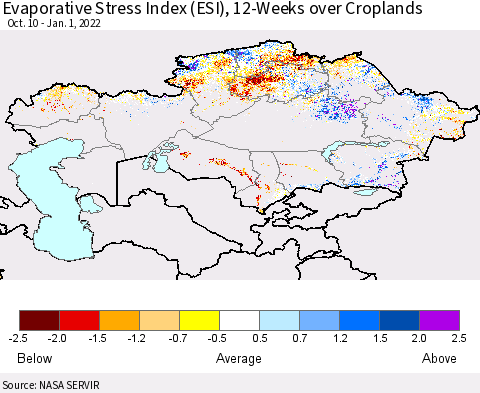Kazakhstan Evaporative Stress Index (ESI), 12-Weeks over Croplands Thematic Map For 12/27/2021 - 1/2/2022