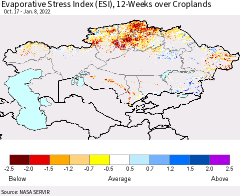 Kazakhstan Evaporative Stress Index (ESI), 12-Weeks over Croplands Thematic Map For 1/3/2022 - 1/9/2022