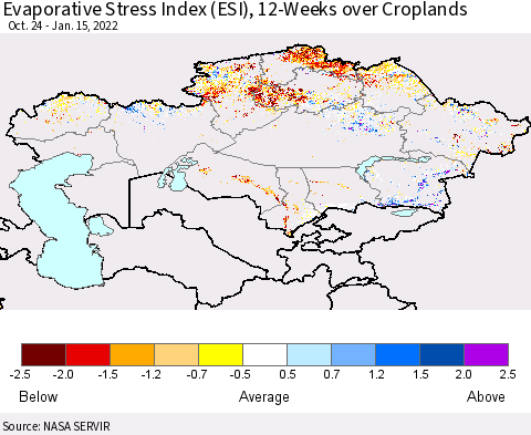 Kazakhstan Evaporative Stress Index (ESI), 12-Weeks over Croplands Thematic Map For 1/10/2022 - 1/16/2022