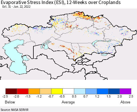 Kazakhstan Evaporative Stress Index (ESI), 12-Weeks over Croplands Thematic Map For 1/17/2022 - 1/23/2022