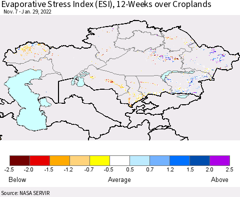 Kazakhstan Evaporative Stress Index (ESI), 12-Weeks over Croplands Thematic Map For 1/24/2022 - 1/30/2022