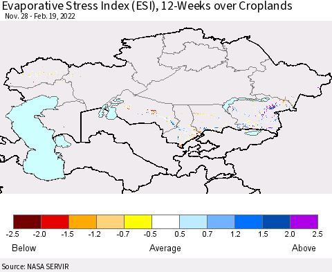 Kazakhstan Evaporative Stress Index (ESI), 12-Weeks over Croplands Thematic Map For 2/14/2022 - 2/20/2022