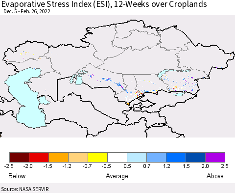 Kazakhstan Evaporative Stress Index (ESI), 12-Weeks over Croplands Thematic Map For 2/21/2022 - 2/27/2022