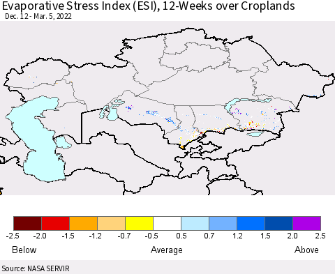 Kazakhstan Evaporative Stress Index (ESI), 12-Weeks over Croplands Thematic Map For 2/28/2022 - 3/6/2022