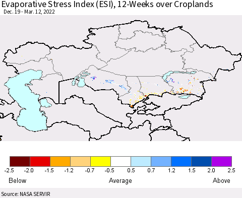 Kazakhstan Evaporative Stress Index (ESI), 12-Weeks over Croplands Thematic Map For 3/7/2022 - 3/13/2022