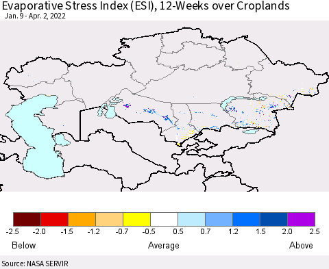 Kazakhstan Evaporative Stress Index (ESI), 12-Weeks over Croplands Thematic Map For 3/28/2022 - 4/3/2022