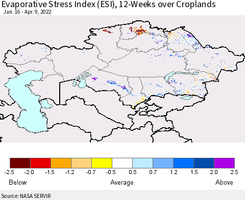 Kazakhstan Evaporative Stress Index (ESI), 12-Weeks over Croplands Thematic Map For 4/4/2022 - 4/10/2022