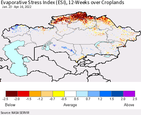 Kazakhstan Evaporative Stress Index (ESI), 12-Weeks over Croplands Thematic Map For 4/11/2022 - 4/17/2022