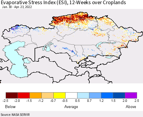 Kazakhstan Evaporative Stress Index (ESI), 12-Weeks over Croplands Thematic Map For 4/18/2022 - 4/24/2022