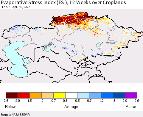 Kazakhstan Evaporative Stress Index (ESI), 12-Weeks over Croplands Thematic Map For 4/25/2022 - 5/1/2022