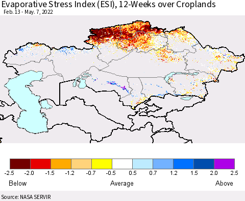 Kazakhstan Evaporative Stress Index (ESI), 12-Weeks over Croplands Thematic Map For 5/2/2022 - 5/8/2022