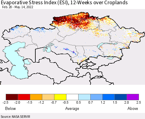 Kazakhstan Evaporative Stress Index (ESI), 12-Weeks over Croplands Thematic Map For 5/9/2022 - 5/15/2022