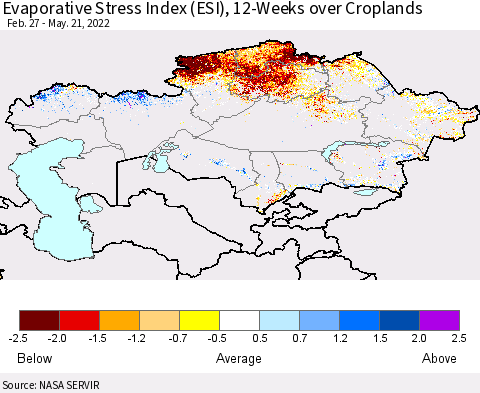 Kazakhstan Evaporative Stress Index (ESI), 12-Weeks over Croplands Thematic Map For 5/16/2022 - 5/22/2022