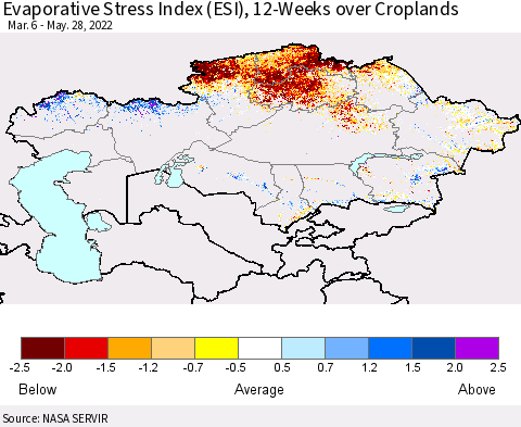 Kazakhstan Evaporative Stress Index (ESI), 12-Weeks over Croplands Thematic Map For 5/23/2022 - 5/29/2022