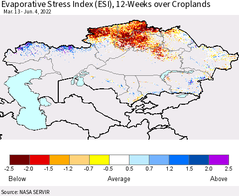 Kazakhstan Evaporative Stress Index (ESI), 12-Weeks over Croplands Thematic Map For 5/30/2022 - 6/5/2022