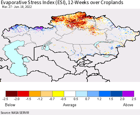 Kazakhstan Evaporative Stress Index (ESI), 12-Weeks over Croplands Thematic Map For 6/13/2022 - 6/19/2022