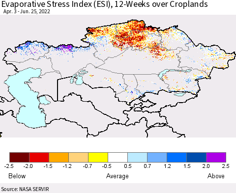 Kazakhstan Evaporative Stress Index (ESI), 12-Weeks over Croplands Thematic Map For 6/20/2022 - 6/26/2022