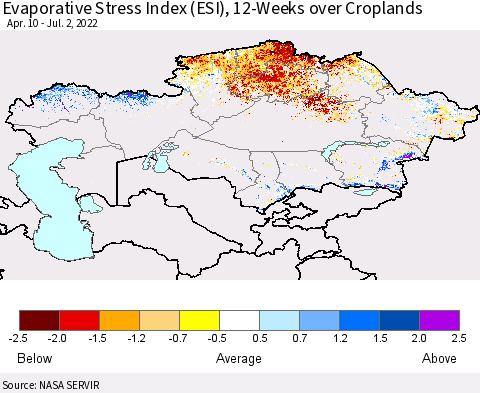 Kazakhstan Evaporative Stress Index (ESI), 12-Weeks over Croplands Thematic Map For 6/27/2022 - 7/3/2022