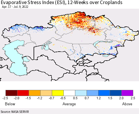 Kazakhstan Evaporative Stress Index (ESI), 12-Weeks over Croplands Thematic Map For 7/4/2022 - 7/10/2022