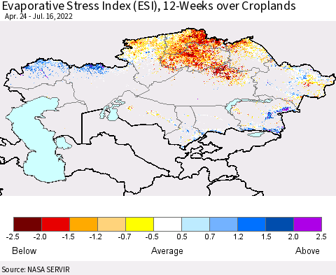 Kazakhstan Evaporative Stress Index (ESI), 12-Weeks over Croplands Thematic Map For 7/11/2022 - 7/17/2022