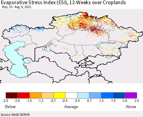 Kazakhstan Evaporative Stress Index (ESI), 12-Weeks over Croplands Thematic Map For 8/1/2022 - 8/7/2022