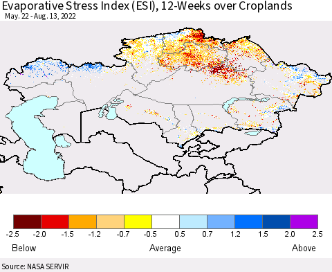 Kazakhstan Evaporative Stress Index (ESI), 12-Weeks over Croplands Thematic Map For 8/8/2022 - 8/14/2022