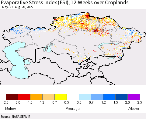 Kazakhstan Evaporative Stress Index (ESI), 12-Weeks over Croplands Thematic Map For 8/15/2022 - 8/21/2022