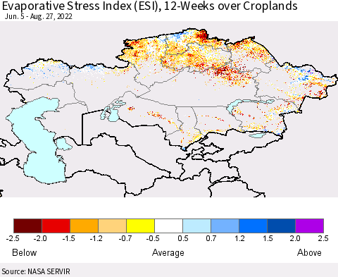 Kazakhstan Evaporative Stress Index (ESI), 12-Weeks over Croplands Thematic Map For 8/22/2022 - 8/28/2022
