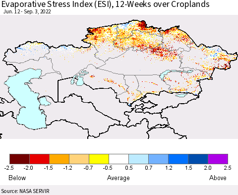 Kazakhstan Evaporative Stress Index (ESI), 12-Weeks over Croplands Thematic Map For 8/29/2022 - 9/4/2022