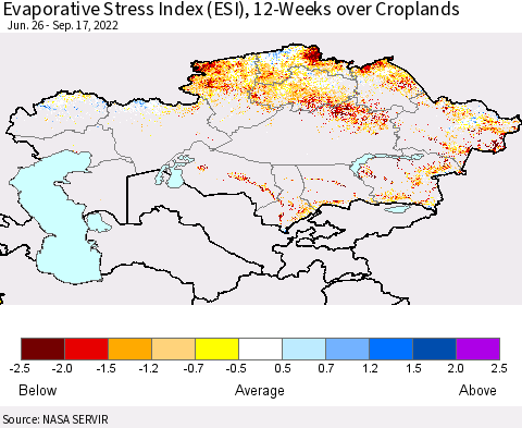 Kazakhstan Evaporative Stress Index (ESI), 12-Weeks over Croplands Thematic Map For 9/12/2022 - 9/18/2022