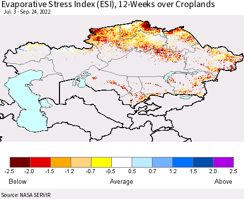 Kazakhstan Evaporative Stress Index (ESI), 12-Weeks over Croplands Thematic Map For 9/19/2022 - 9/25/2022