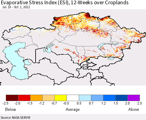 Kazakhstan Evaporative Stress Index (ESI), 12-Weeks over Croplands Thematic Map For 9/26/2022 - 10/2/2022